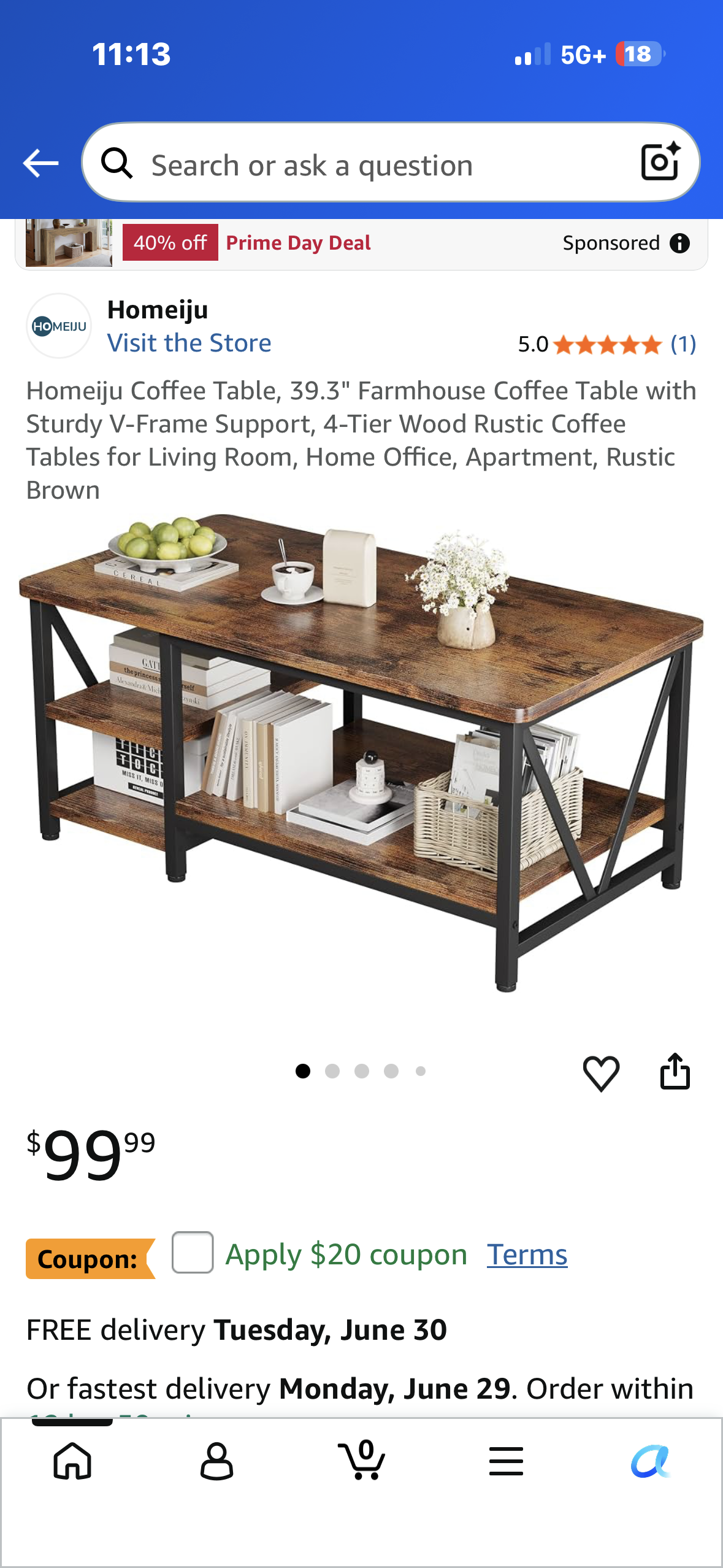 Homeiju Coffee Table, 39.3" Farmhouse Coffee Table with Sturdy V-Frame Support, 4-Tier Wood Rustic Coffee Tables for Living Room, Home Office, Apartment, Rustic Brown