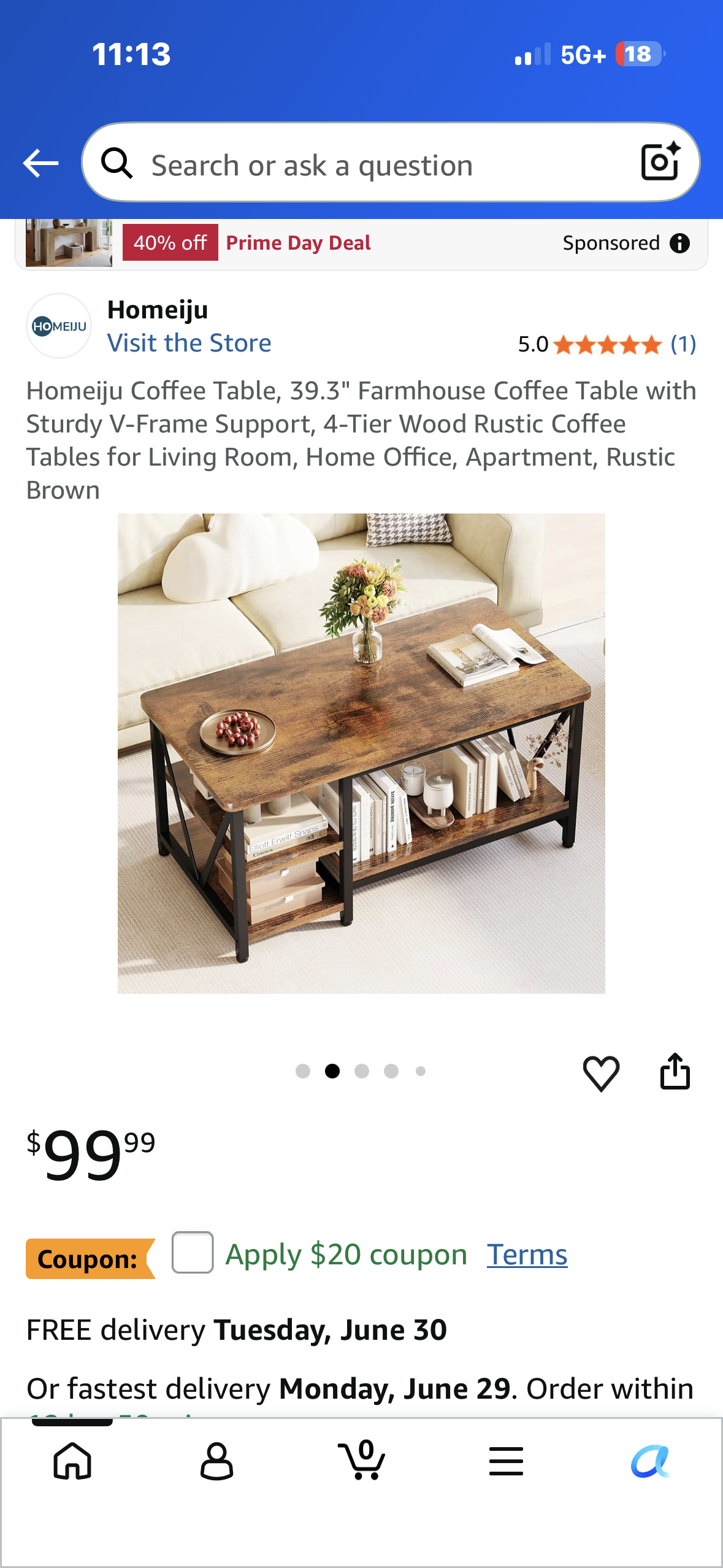 Homeiju Coffee Table, 39.3" Farmhouse Coffee Table with Sturdy V-Frame Support, 4-Tier Wood Rustic Coffee Tables for Living Room, Home Office, Apartment, Rustic Brown