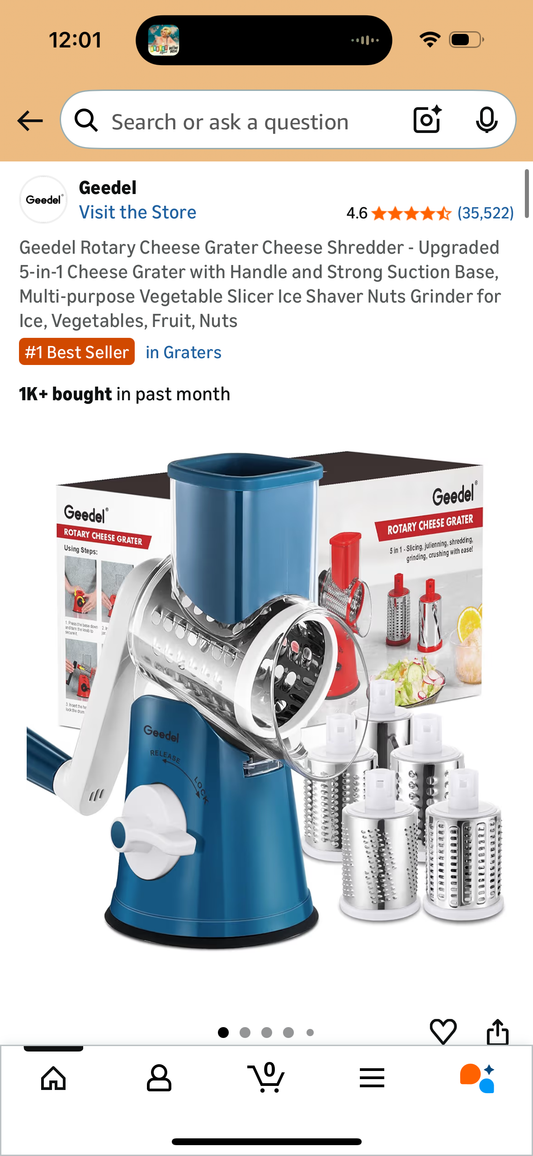 Geedel Rotary Cheese Grater Cheese Shredder - Upgraded 5-in-1 Cheese Grater with Handle and Strong Suction Base, Multi-purpose Vegetable Slicer Ice Shaver Nuts Grinder for Ice, Vegetables, Fruit, Nuts