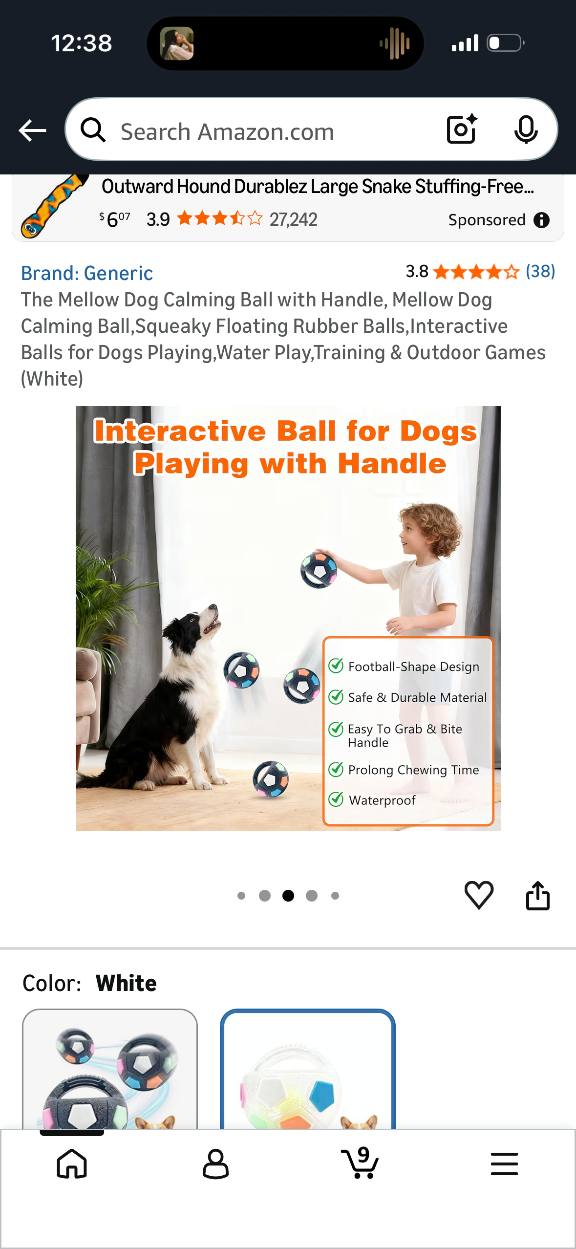 The Mellow Dog Calming Ball with Handle, Mellow Dog Calming Ball,Squeaky Floating Rubber Balls,Interactive Balls for Dogs Playing,Water Play,Training & Outdoor Games (White)