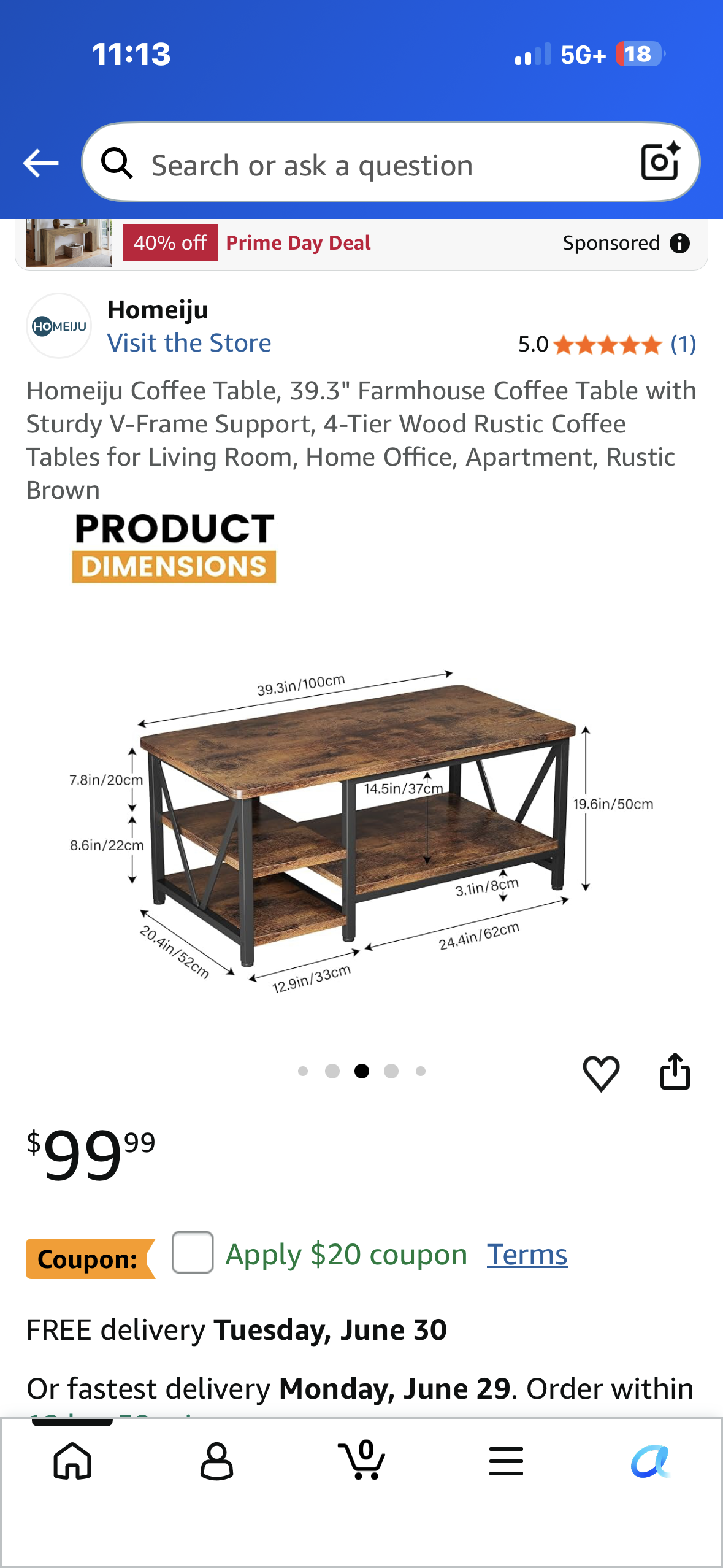 Homeiju Coffee Table, 39.3" Farmhouse Coffee Table with Sturdy V-Frame Support, 4-Tier Wood Rustic Coffee Tables for Living Room, Home Office, Apartment, Rustic Brown