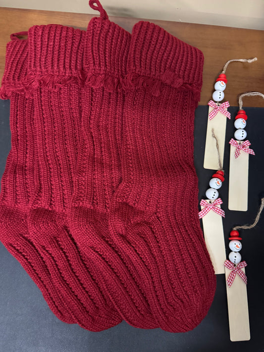 Rutile 4 Pack Personalized Knit Christmas Stockings, 18 In Large Cable Knitted Xmas Stockings with DIY Snowman Name Tags for Holiday Christmas Party Family Décor, Burgundy