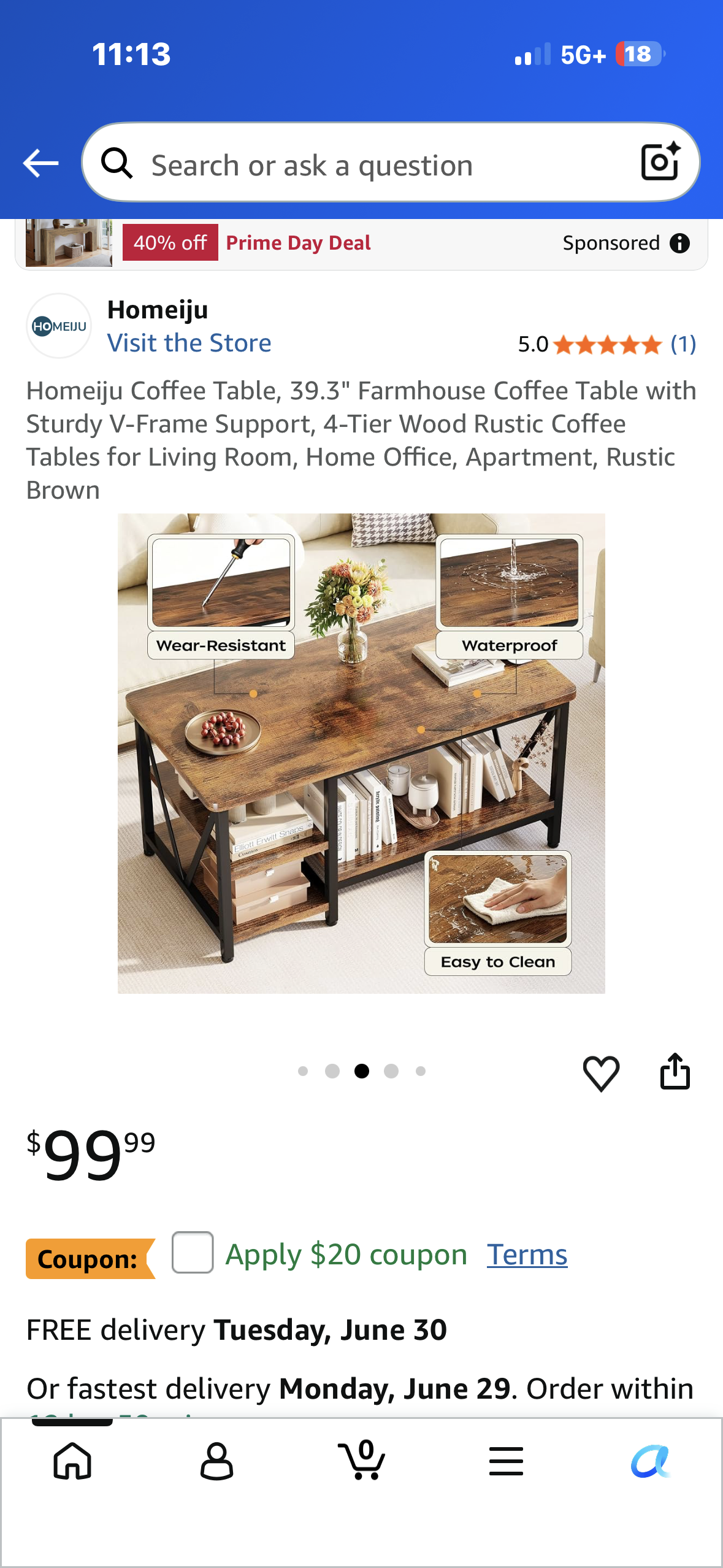Homeiju Coffee Table, 39.3" Farmhouse Coffee Table with Sturdy V-Frame Support, 4-Tier Wood Rustic Coffee Tables for Living Room, Home Office, Apartment, Rustic Brown