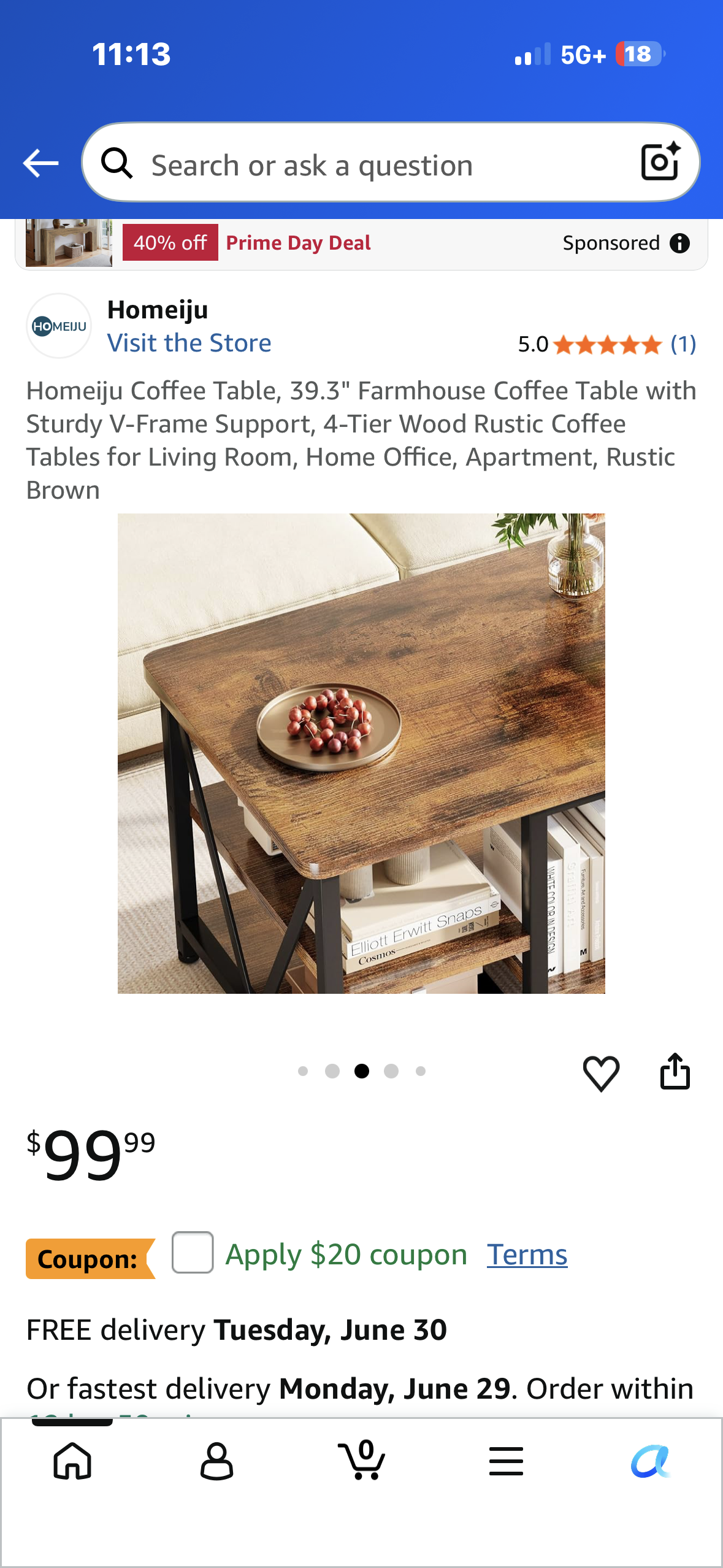Homeiju Coffee Table, 39.3" Farmhouse Coffee Table with Sturdy V-Frame Support, 4-Tier Wood Rustic Coffee Tables for Living Room, Home Office, Apartment, Rustic Brown