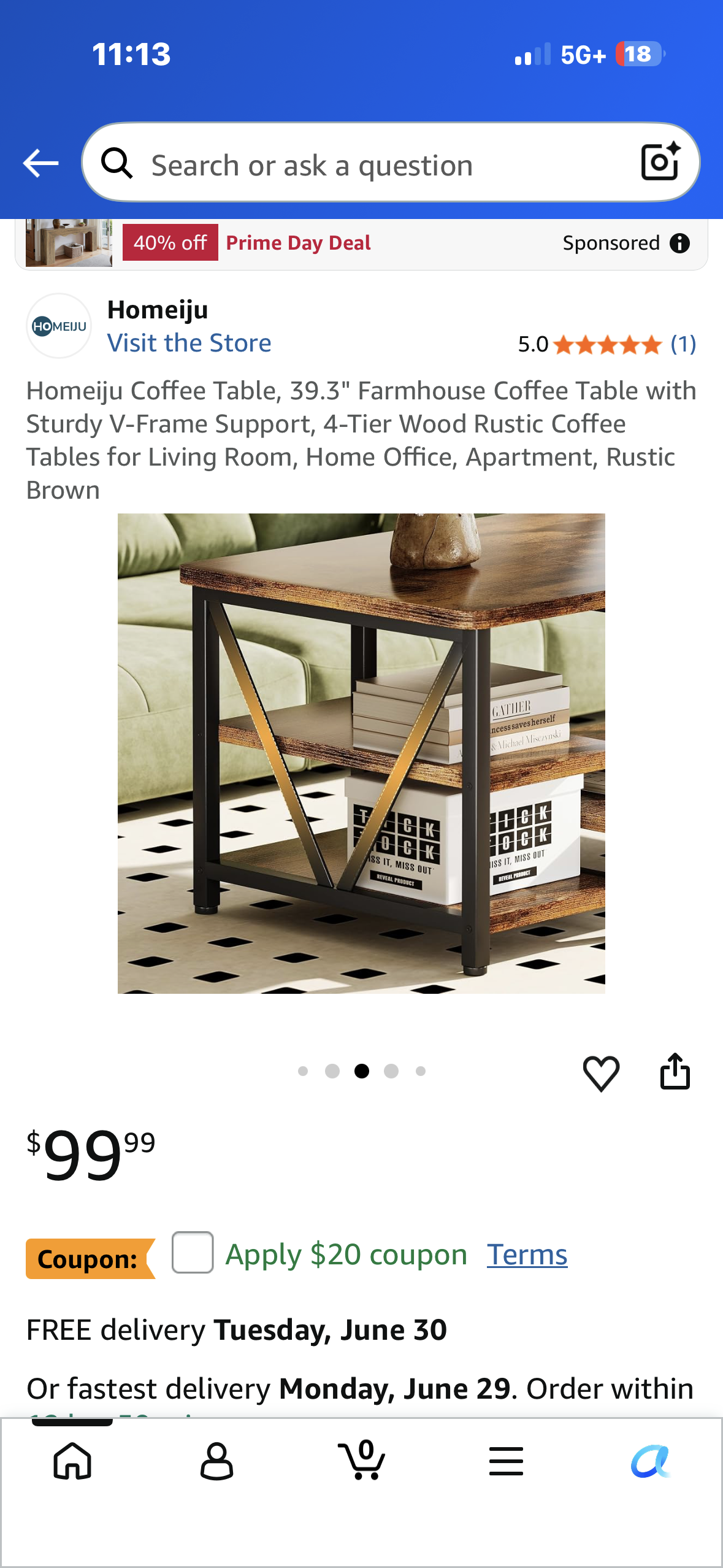 Homeiju Coffee Table, 39.3" Farmhouse Coffee Table with Sturdy V-Frame Support, 4-Tier Wood Rustic Coffee Tables for Living Room, Home Office, Apartment, Rustic Brown