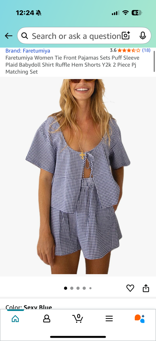 Women Tie Front Pajamas Sets Puff Sleeve Plaid Shirt Ruffle Hem Shorts 2 Piece Pj Matching Set (Size Small)