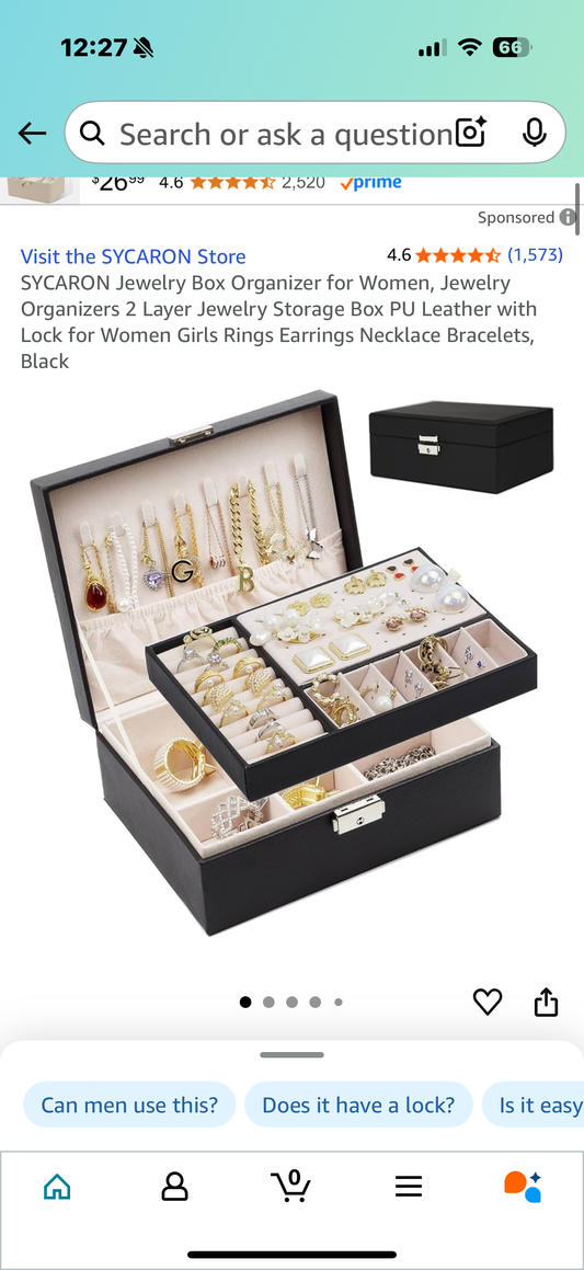Jewelry Box Organizer for Women, Jewelry Organizers 2 Layer Jewelry Storage Box PU Leather with Lock for Women Girls Rings Earrings Necklace Bracelets, Black