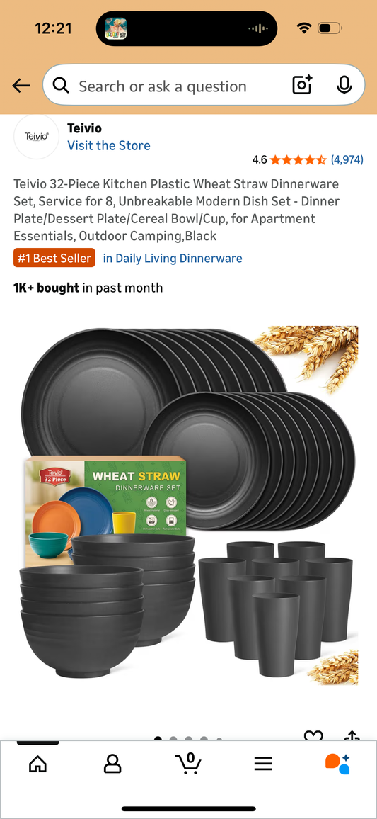 Teivio 32-Piece Kitchen Plastic Wheat Straw Dinnerware Set, Service for 8, Unbreakable Modern Dish Set - Dinner Plate/Dessert Plate/Cereal Bowl/Cup, for Apartment Essentials, Outdoor Camping,Black