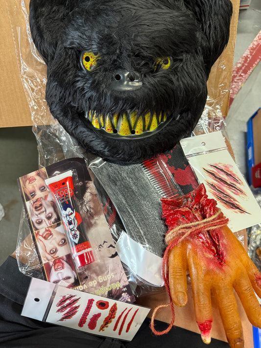 Forfamy Halloween Scary Mask Bear Butcher Costumes, Bloody Horror Aprons Tattoo Sticker Weapon Cosplay Party Props Zombie