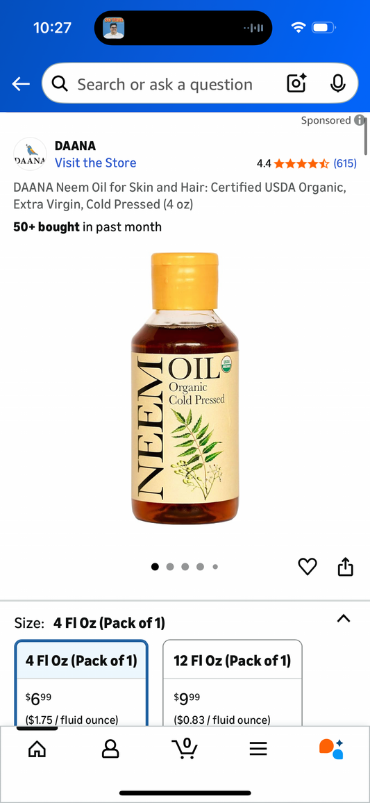 DAANA Neem Oil for Skin and Hair: Certified USDA Organic, Extra Virgin, Cold Pressed (4 oz)