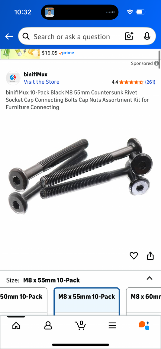 binifiMux 10-Pack Black M8 55mm Countersunk Rivet Socket Cap Connecting Bolts Cap Nuts Assortment Kit for Furniture Connecting