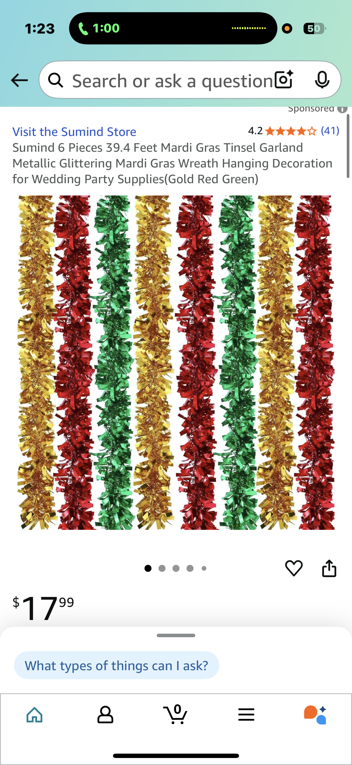 Sumind 6 Pieces 39.4 Feet Mardi Gras Tinsel Garland Metallic Glittering Mardi Gras Wreath Hanging Decoration for Wedding Party Supplies(Gold Red Green