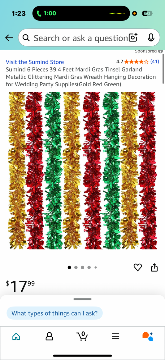 Sumind 6 Pieces 39.4 Feet Mardi Gras Tinsel Garland Metallic Glittering Mardi Gras Wreath Hanging Decoration for Wedding Party Supplies(Gold Red Green