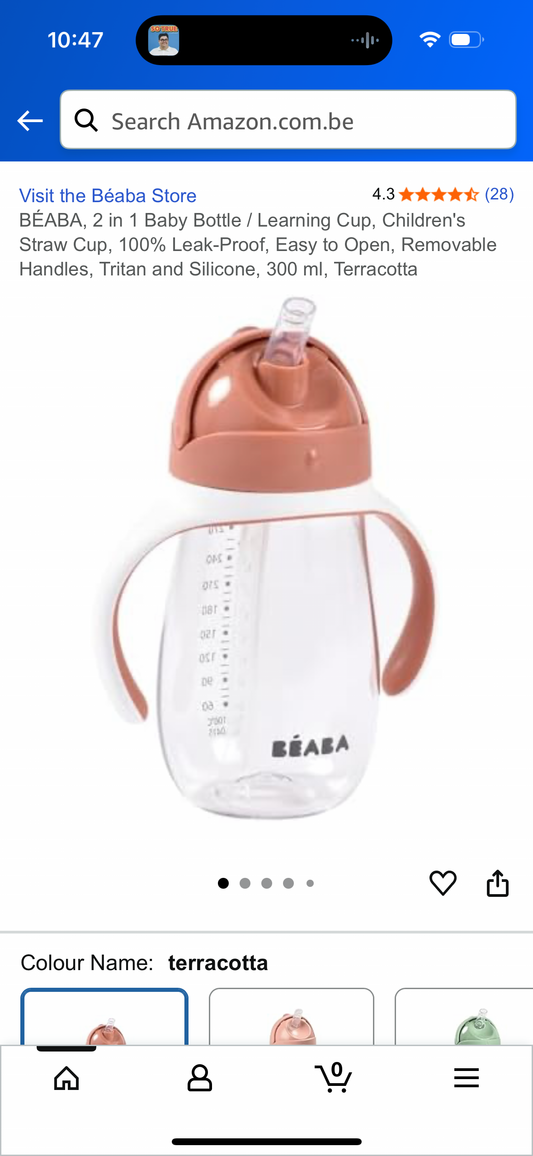 BÉABA, 2 in 1 Baby Bottle / Learning Cup, Children's Straw Cup, 100% Leak-Proof, Easy to Open, Removable Handles, Tritan and Silicone, 300 ml, Terracotta