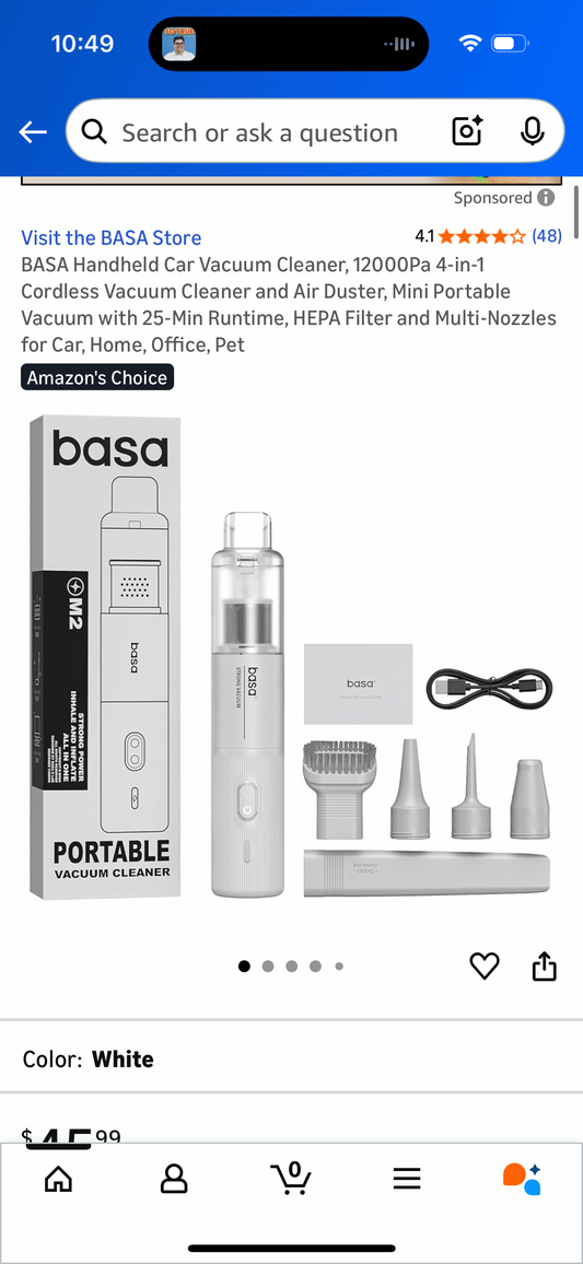 BASA Handheld Car Vacuum Cleaner, 12000Pa 4-in-1 Cordless Vacuum Cleaner and Air Duster, Mini Portable Vacuum with 25-Min Runtime, HEPA Filter and Multi-Nozzles for Car, Home, Office, Pet