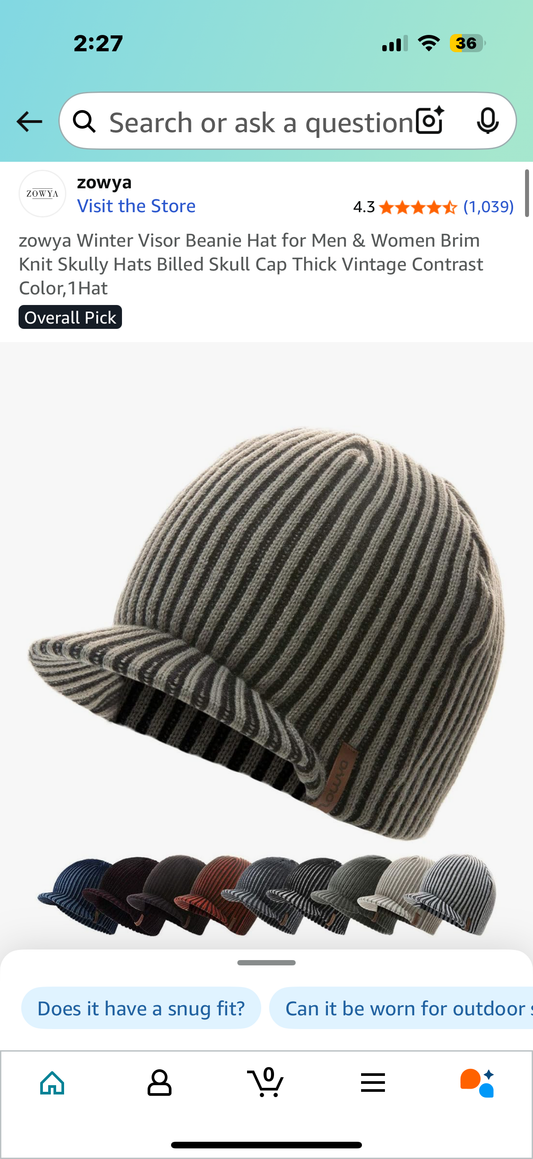 zowya Winter Visor Beanie Hat for Men & Women Brim Knit Skully Hats Billed Skull Cap Thick Vintage Contrast Color,1Hat