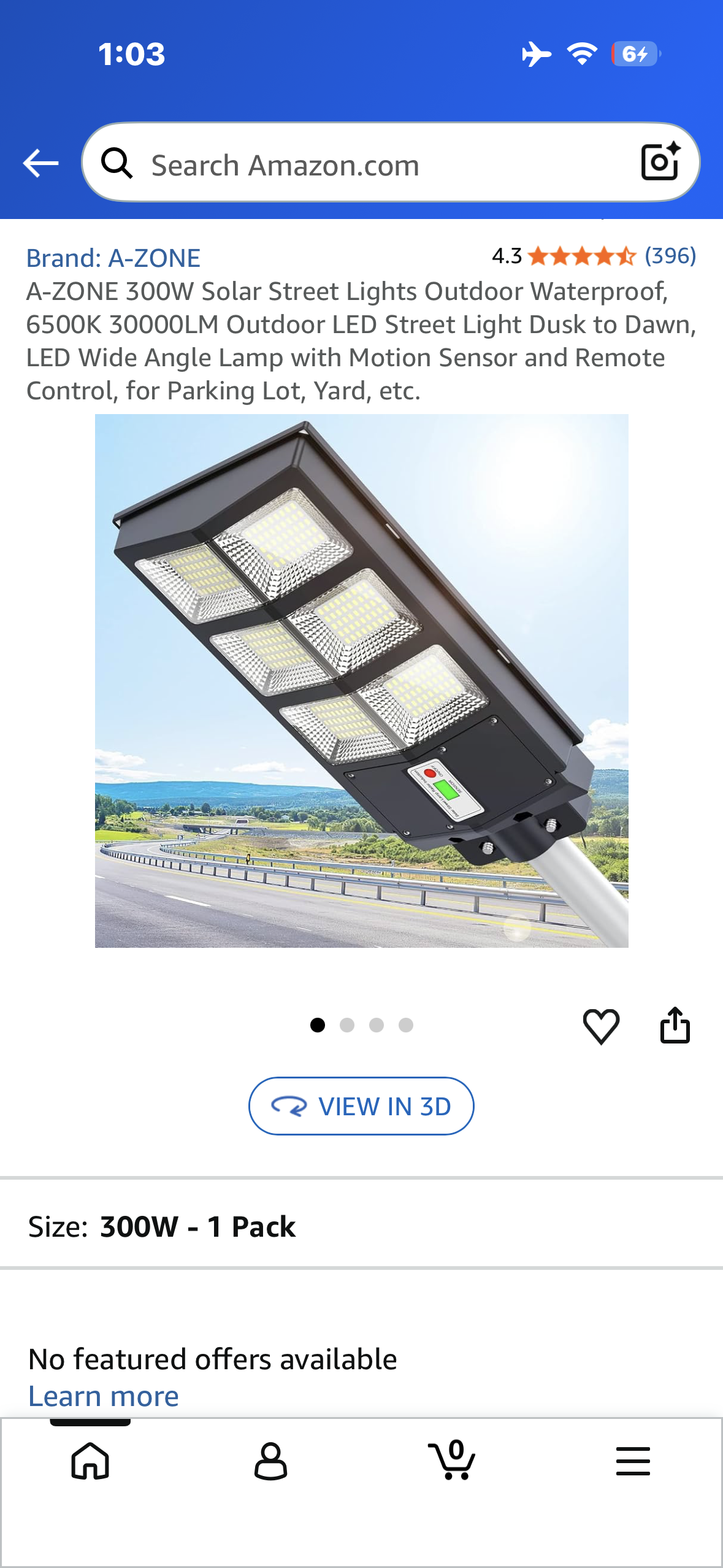 A-ZONE 300W Solar Street Lights Outdoor Waterproof, 6500K 30000LM Outdoor LED Street Light Dusk to Dawn, LED Wide Angle Lamp with Motion Sensor and Remote Control, for Parking Lot, Yard, etc.