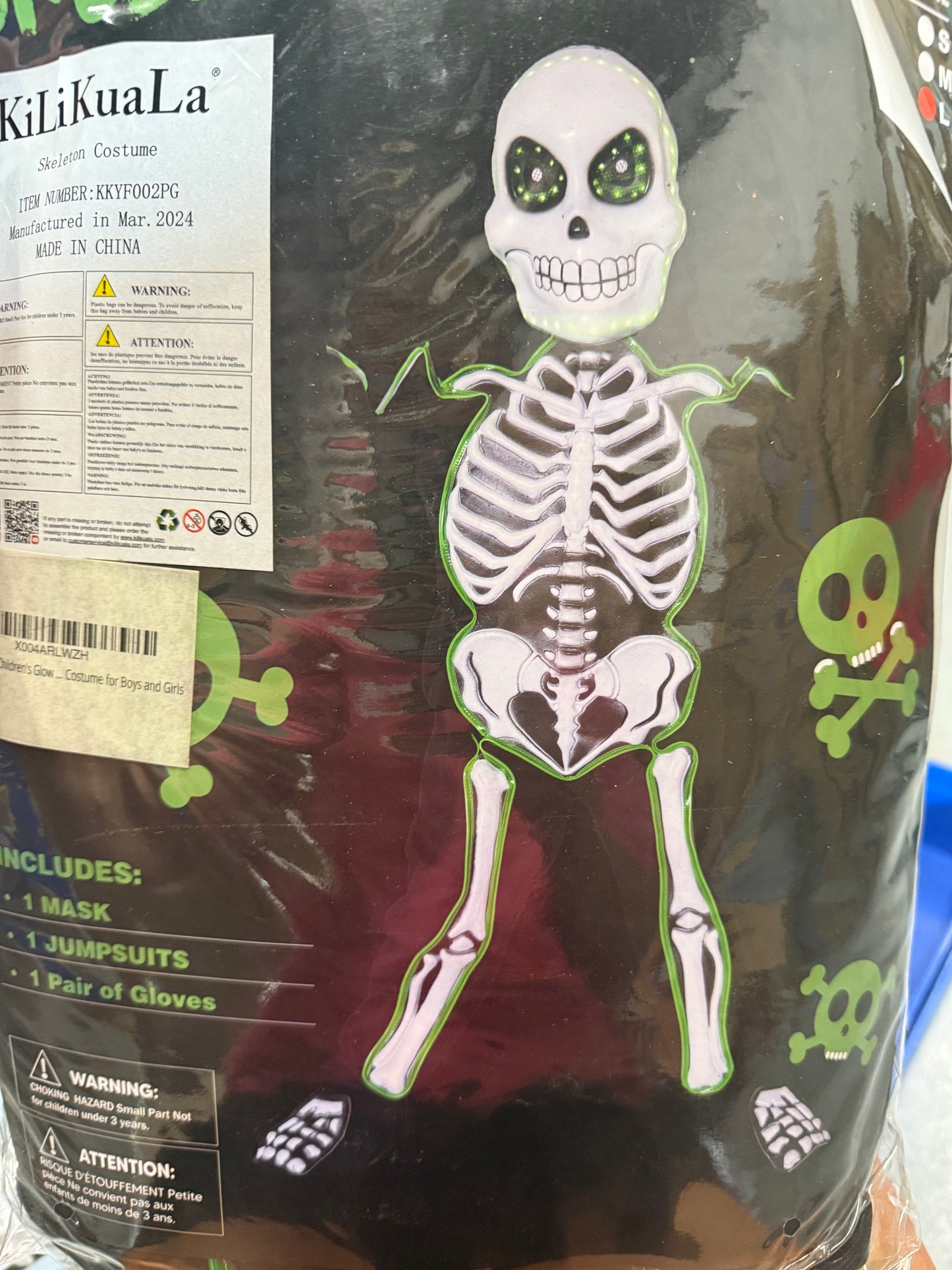 Glows in the Dark Skeleton Costume for Boys, Halloween Skeleton Costume, Bone Jumpsuit for Kids Size Large 10-12 years