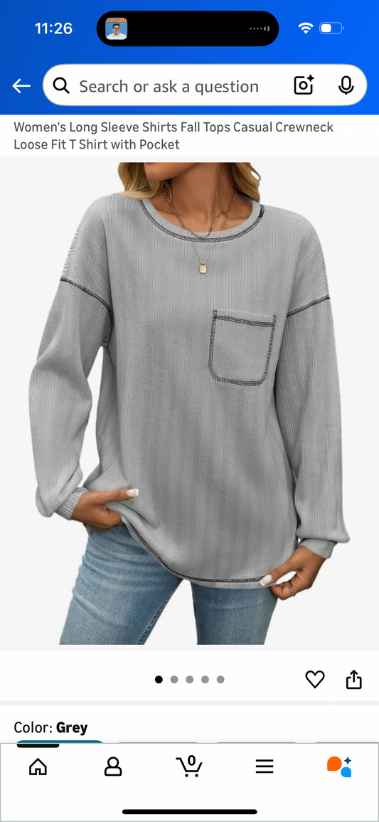 Women's Long Sleeve Shirts Fall Tops Casual Crewneck Loose Fit T Shirt with Pocket