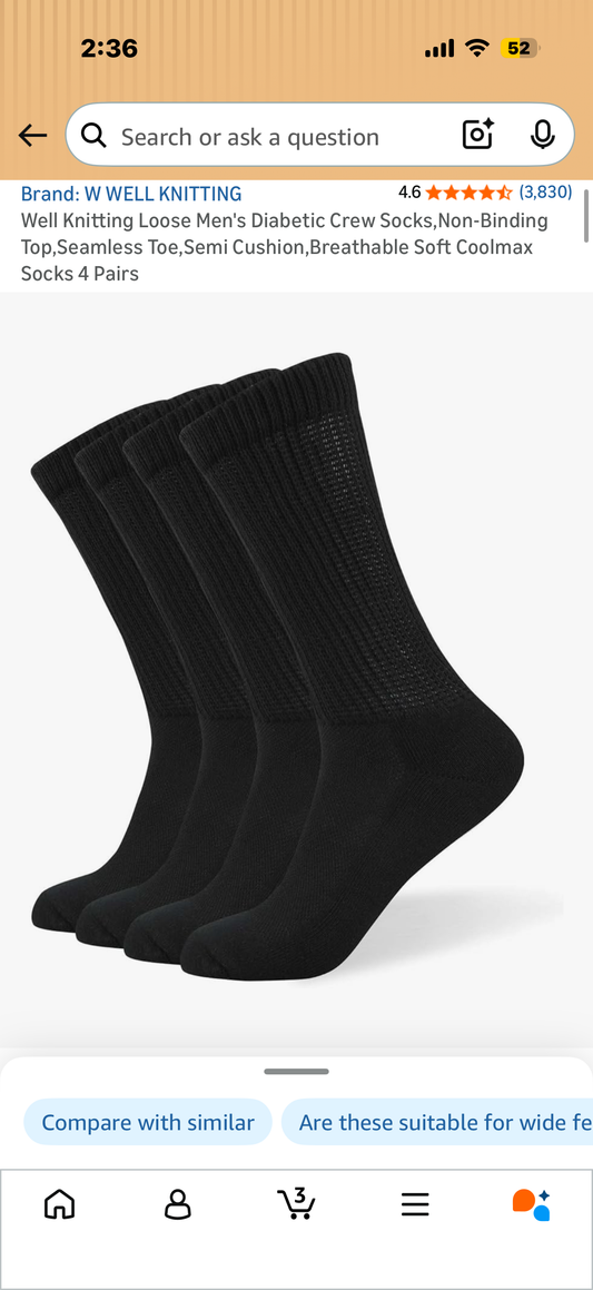 Well Knitting Loose Men's Diabetic Crew Socks,Non-Binding Top,Seamless Toe,Semi Cushion,Breathable Soft Coolmax Socks 4 Pairs (Size XL)