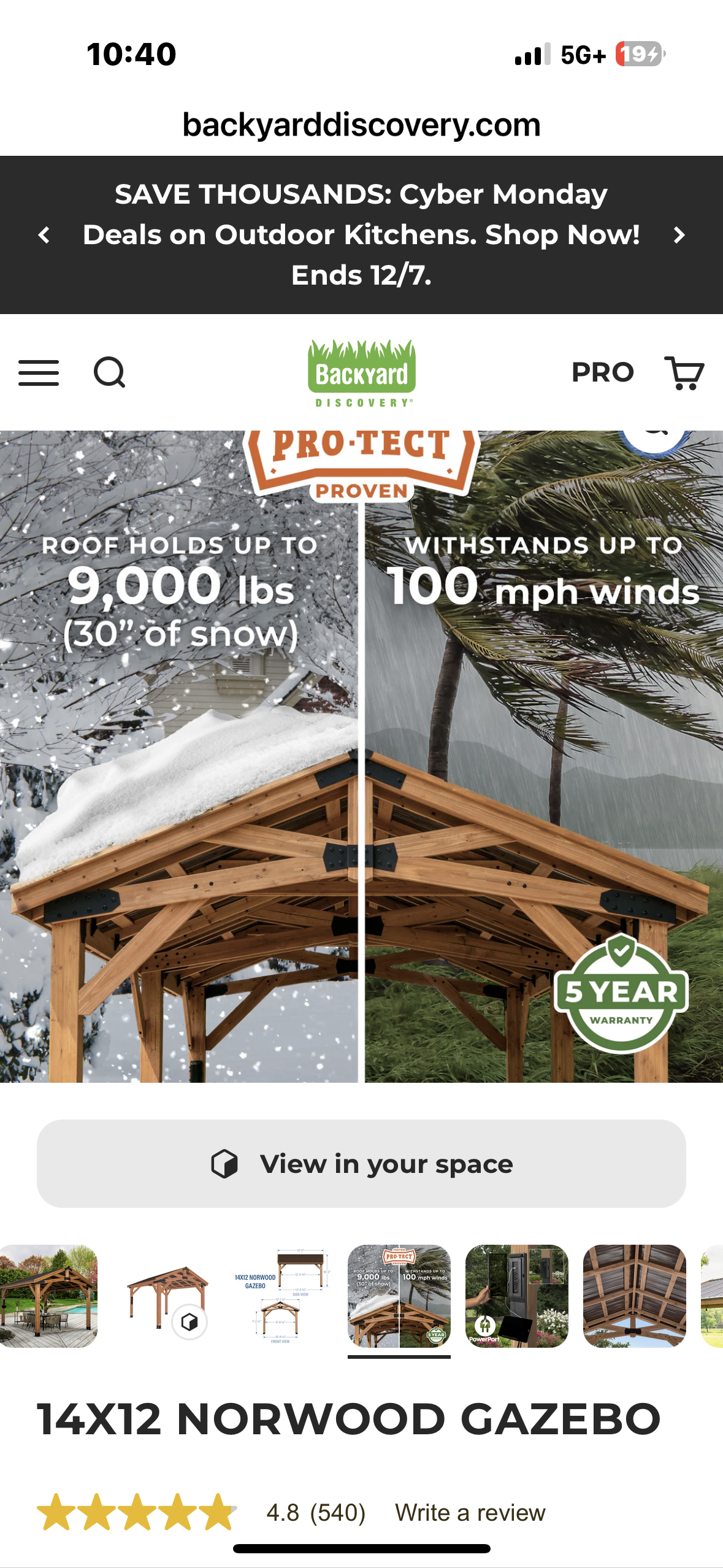 Backyard Discovery Norwood 14' x 12’ Cedar Wood Outdoor Gazebo Pavilion with Snow Support, Wind Resistance, Shade for Garden, Patio, Deck, Entertaining (G945)