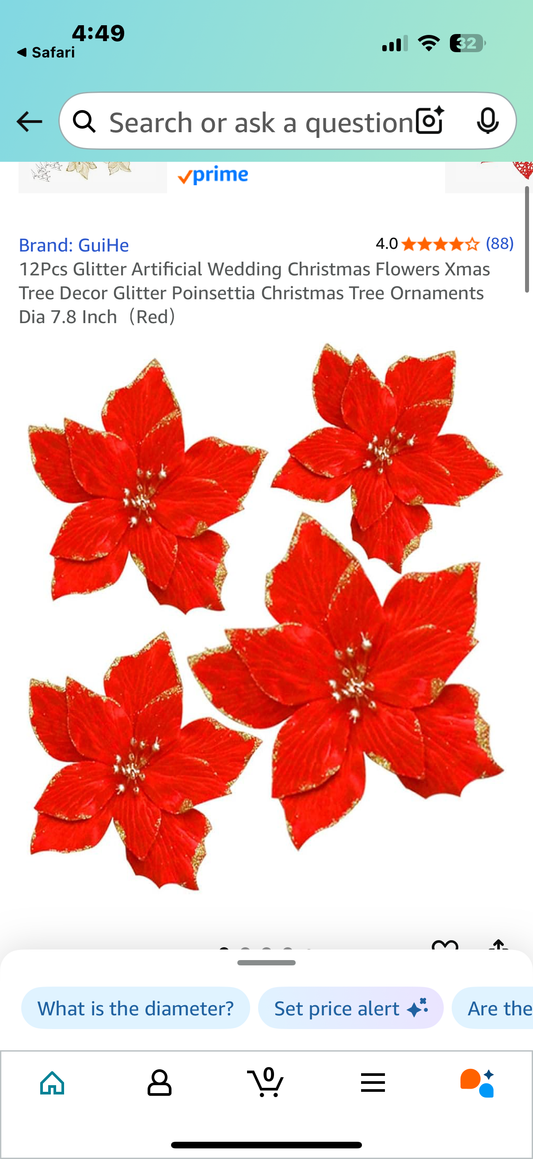GuiHe 12Pcs Glitter Artificial Wedding Christmas Flowers Xmas Tree Decor Glitter Poinsettia Christmas Tree Ornaments Dia 7.8 Inch（Red）