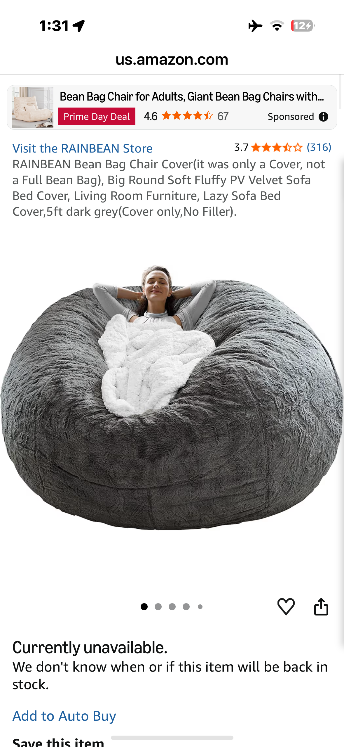 RAINBEAN Bean Bag Chair Cover (only a Cover, not a Full Bean Bag), Big Round Soft Fluffy PV Velvet Sofa Bed Cover, Living Room Furniture, Lazy Sofa Bed Cover,5ft Black (Cover only,No Filler).