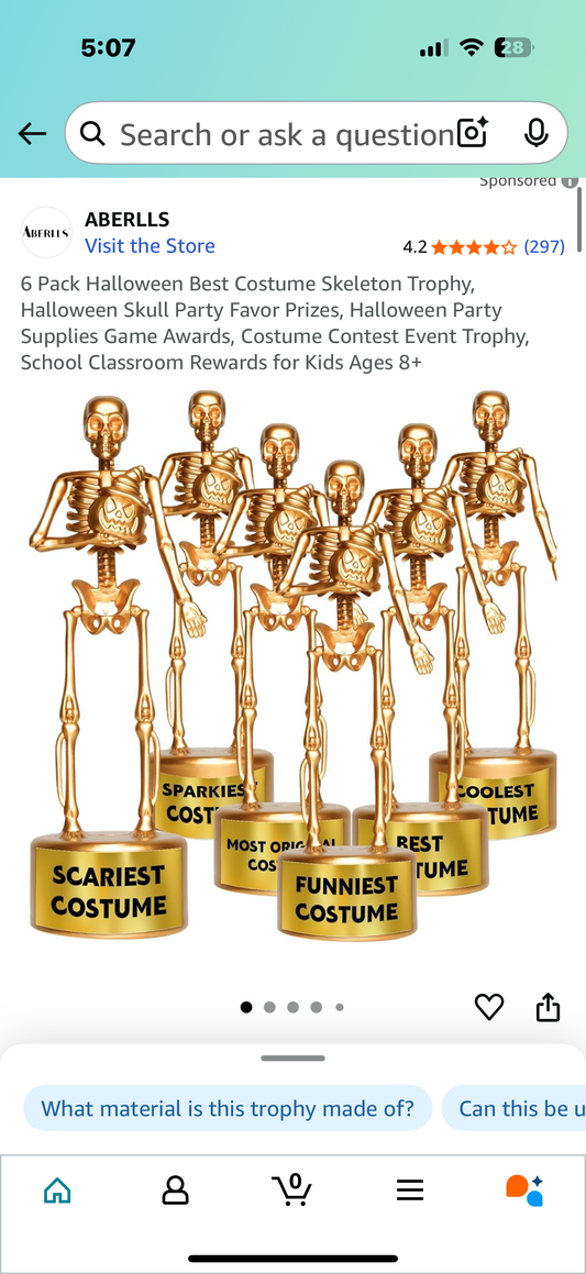 6 Pack Halloween Best Costume Skeleton Trophy, Halloween Skull Party Favor Prizes, Halloween Party Supplies Game Awards, Costume Contest Event Trophy, School Classroom Rewards for Kids Ages 8