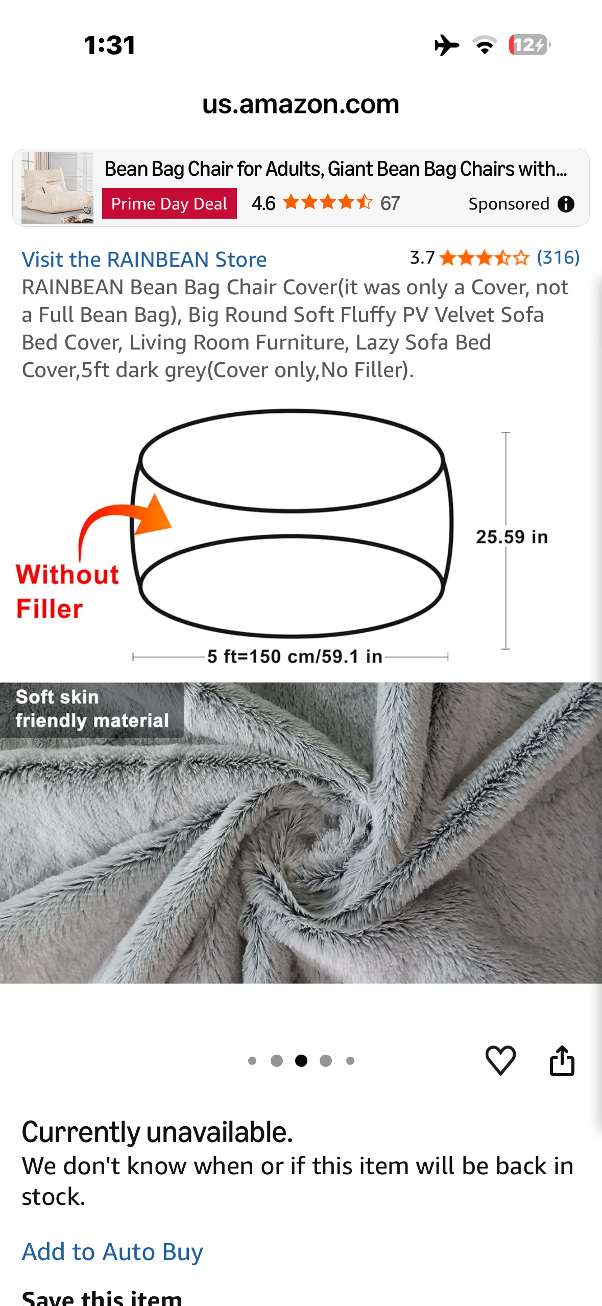 RAINBEAN Bean Bag Chair Cover (only a Cover, not a Full Bean Bag), Big Round Soft Fluffy PV Velvet Sofa Bed Cover, Living Room Furniture, Lazy Sofa Bed Cover,5ft Black (Cover only,No Filler).