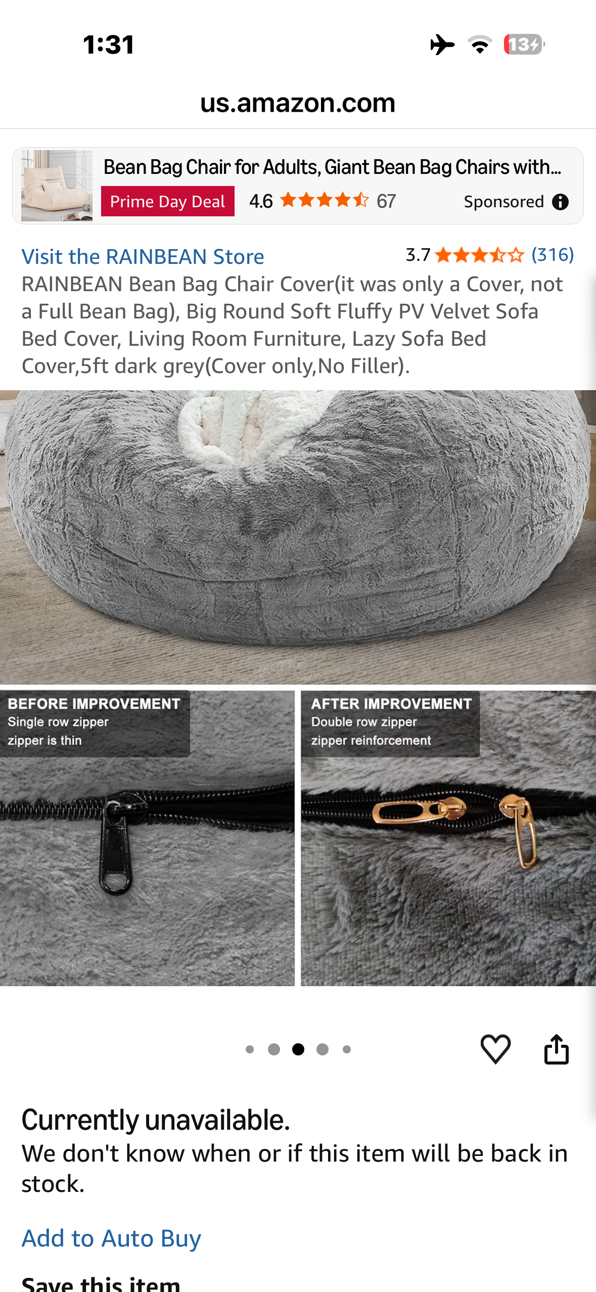 RAINBEAN Bean Bag Chair Cover (only a Cover, not a Full Bean Bag), Big Round Soft Fluffy PV Velvet Sofa Bed Cover, Living Room Furniture, Lazy Sofa Bed Cover,5ft Black (Cover only,No Filler).