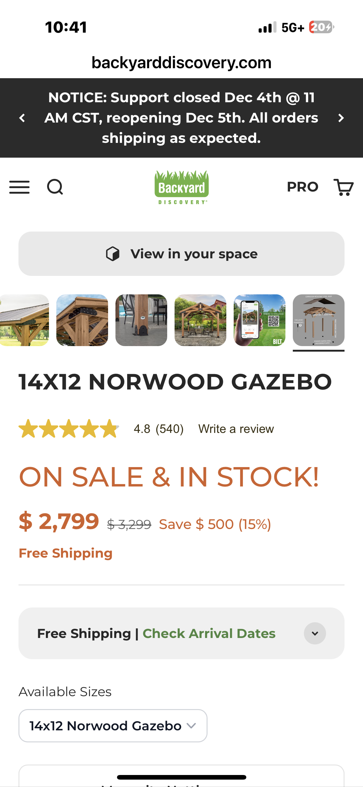Backyard Discovery Norwood 14' x 12’ Cedar Wood Outdoor Gazebo Pavilion with Snow Support, Wind Resistance, Shade for Garden, Patio, Deck, Entertaining (G945)