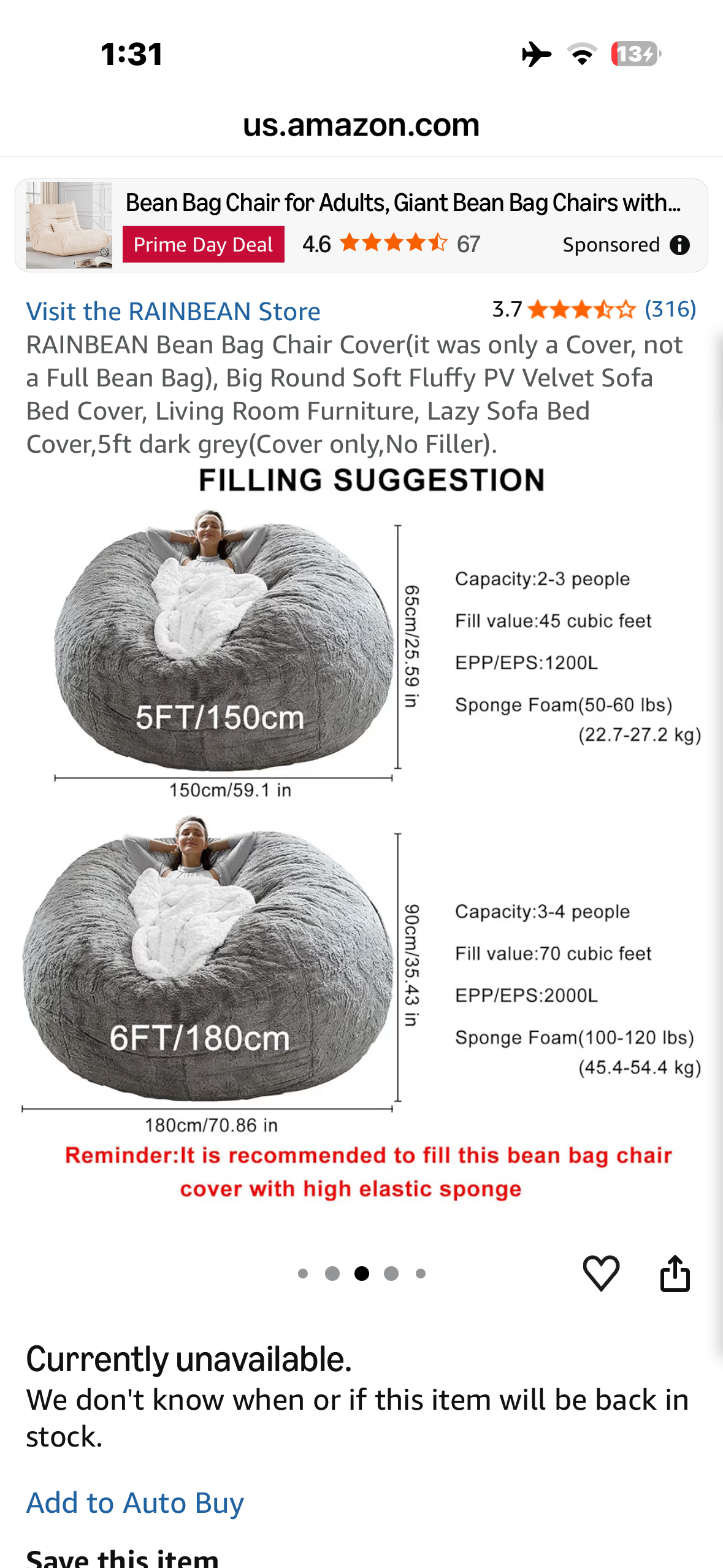 RAINBEAN Bean Bag Chair Cover (only a Cover, not a Full Bean Bag), Big Round Soft Fluffy PV Velvet Sofa Bed Cover, Living Room Furniture, Lazy Sofa Bed Cover,5ft Black (Cover only,No Filler).