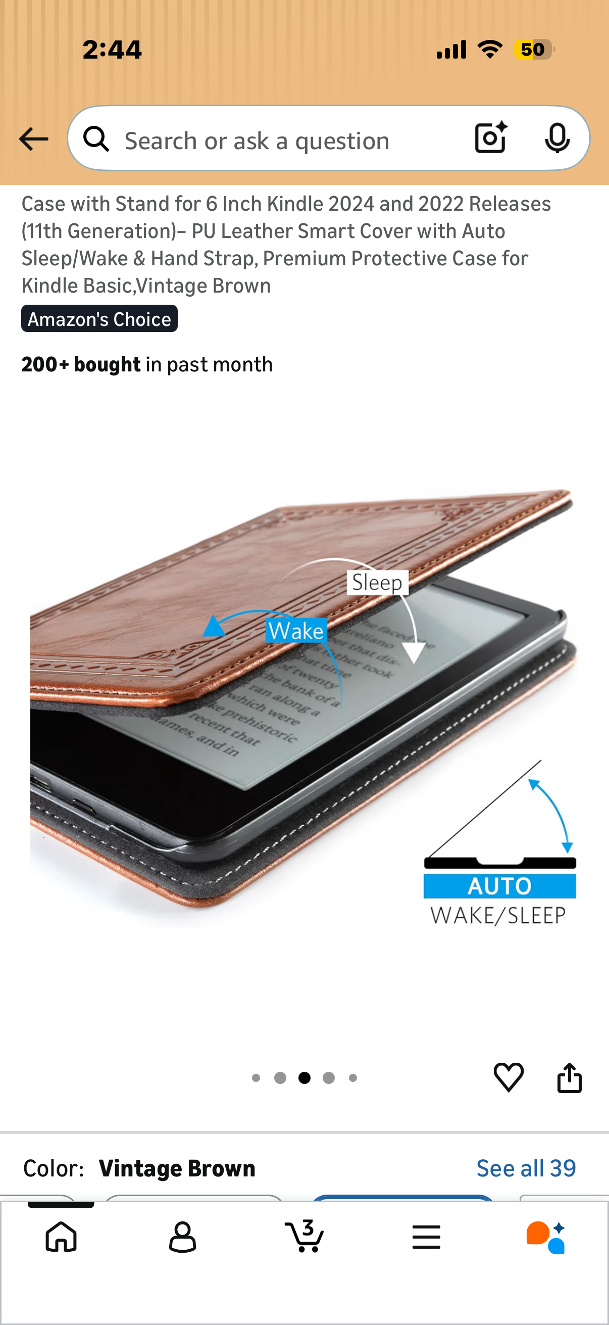 Case with Stand for 6 Inch Kindle 2024 and 2022 Releases (11th Generation)– PU Leather Smart Cover with Auto Sleep/Wake & Hand Strap, Premium Protective Case for Kindle Basic,Vintage Brown