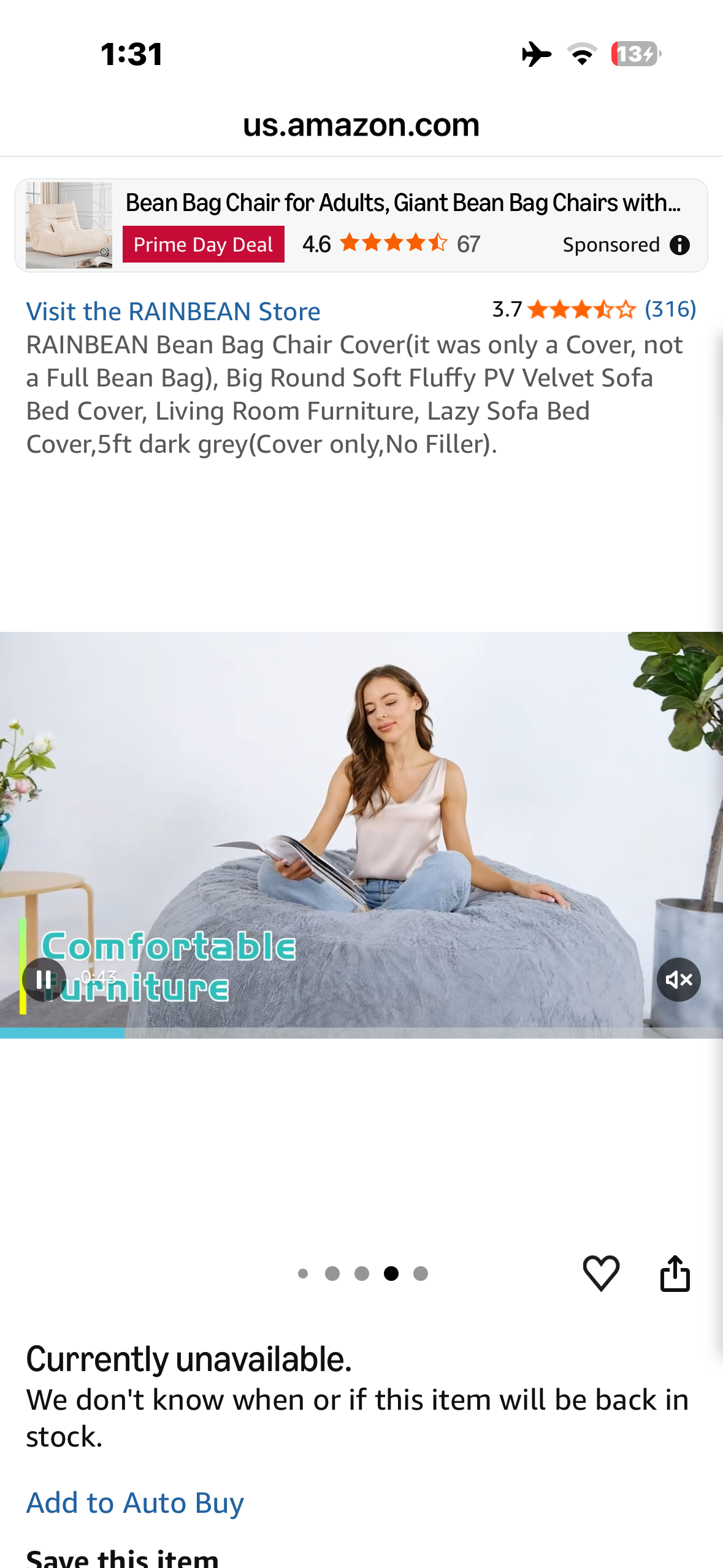 RAINBEAN Bean Bag Chair Cover (only a Cover, not a Full Bean Bag), Big Round Soft Fluffy PV Velvet Sofa Bed Cover, Living Room Furniture, Lazy Sofa Bed Cover,5ft Black (Cover only,No Filler).
