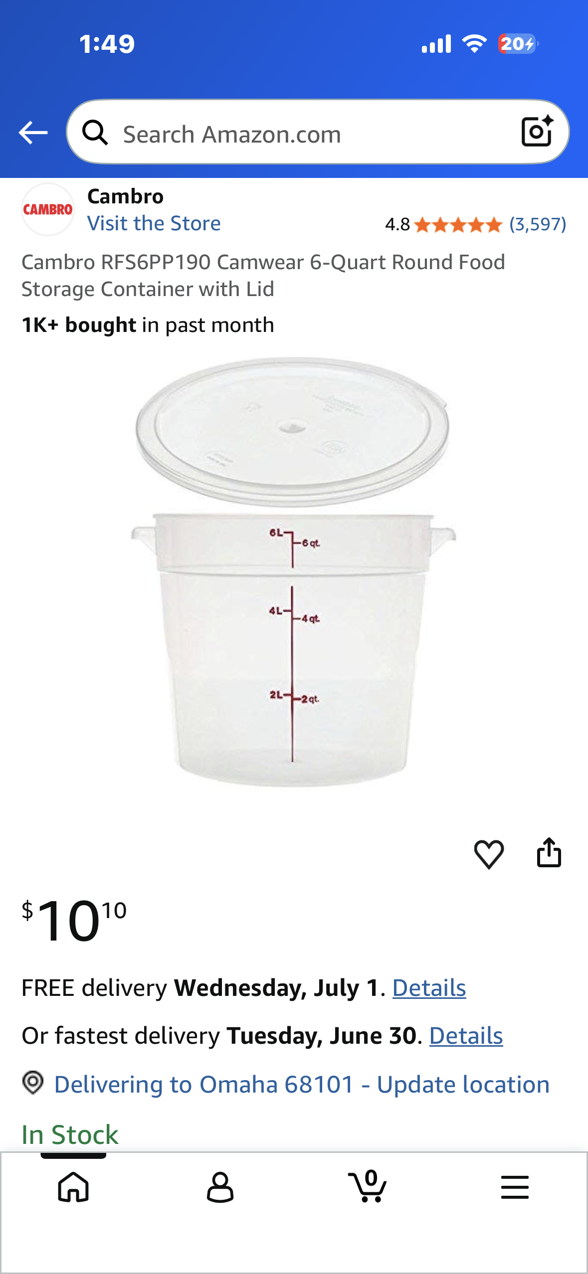 Cambro 6-Quart Round Food Storage Container with Lid