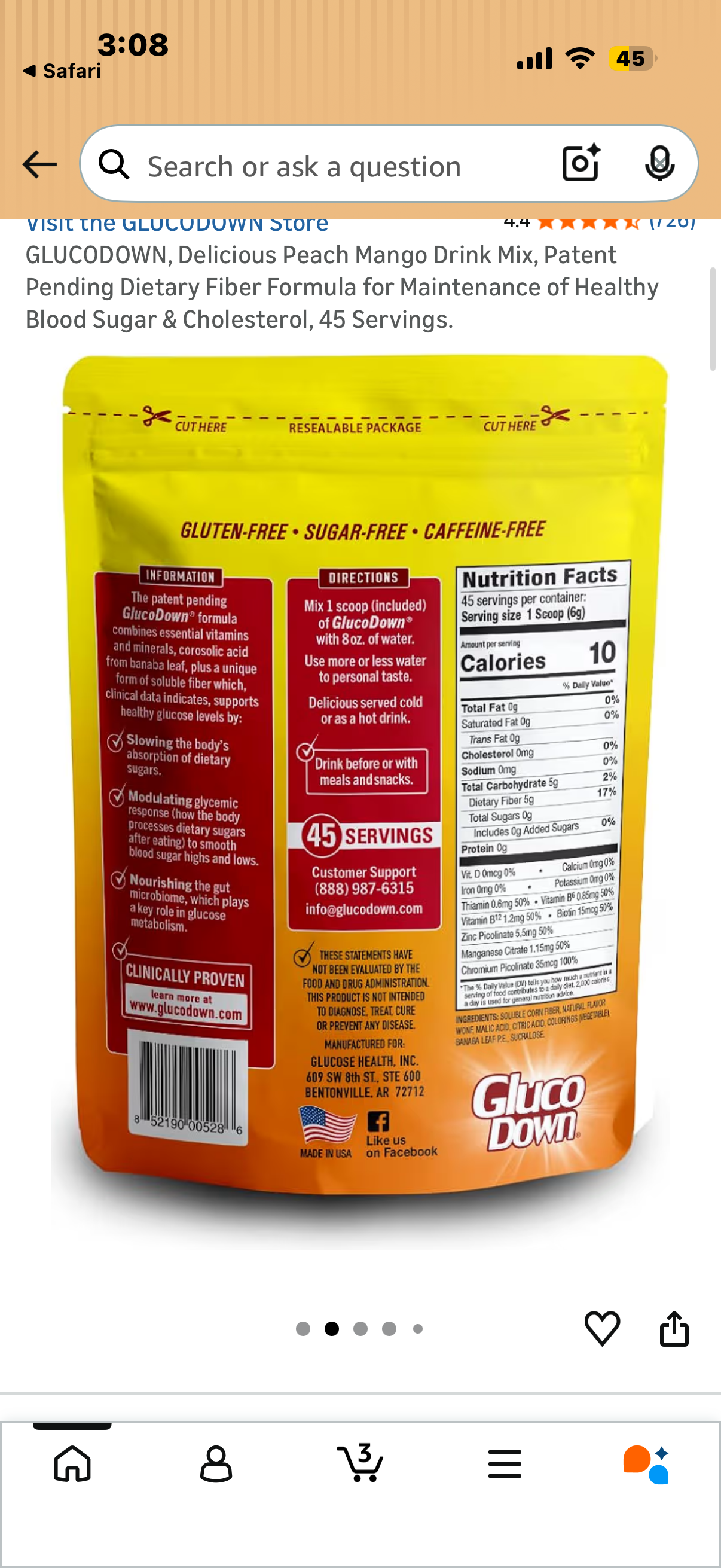 GLUCODOWN, Delicious Peach Mango Drink Mix, Patent Pending Dietary Fiber Formula for Maintenance of Healthy Blood Sugar & Cholesterol, 45 Servings.