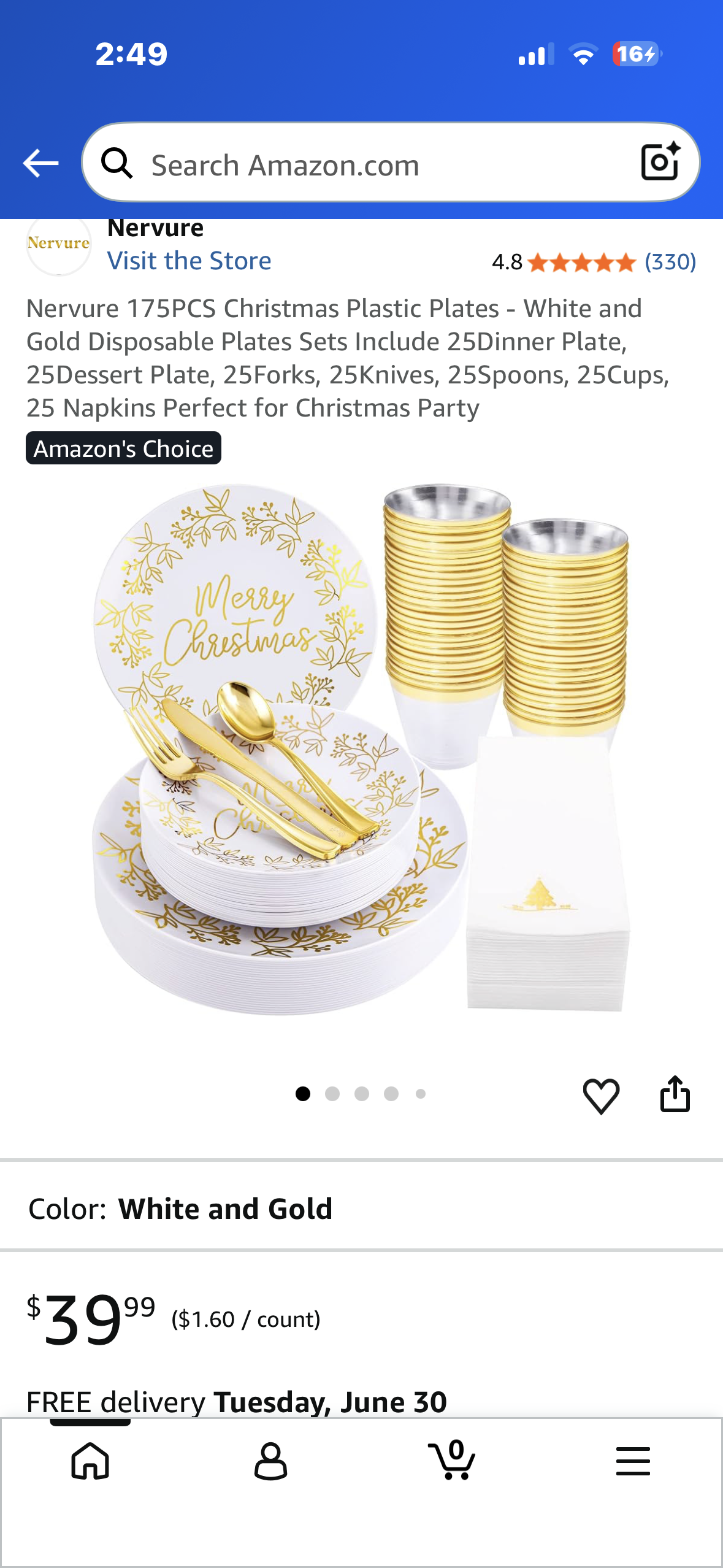 Nervure 175PCS Christmas Plastic Plates - White and Gold Disposable Plates Sets Include 25Dinner Plate, 25Dessert Plate, 25Forks, 25Knives, 25Spoons, 25Cups, 25 Napkins Perfect for Christmas Party