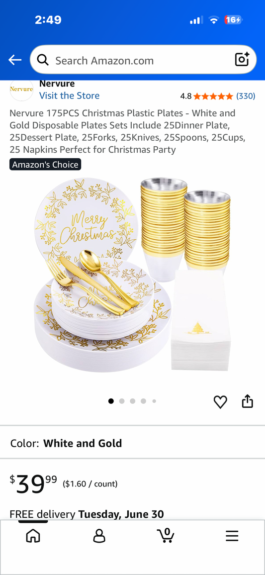 Nervure 175PCS Christmas Plastic Plates - White and Gold Disposable Plates Sets Include 25Dinner Plate, 25Dessert Plate, 25Forks, 25Knives, 25Spoons, 25Cups, 25 Napkins Perfect for Christmas Party