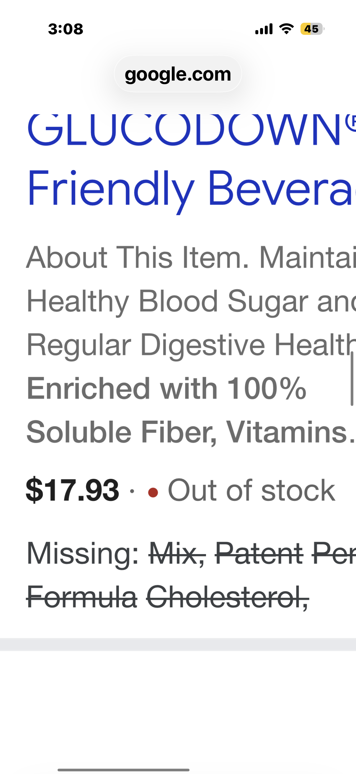 GLUCODOWN, Delicious Peach Mango Drink Mix, Patent Pending Dietary Fiber Formula for Maintenance of Healthy Blood Sugar & Cholesterol, 45 Servings.