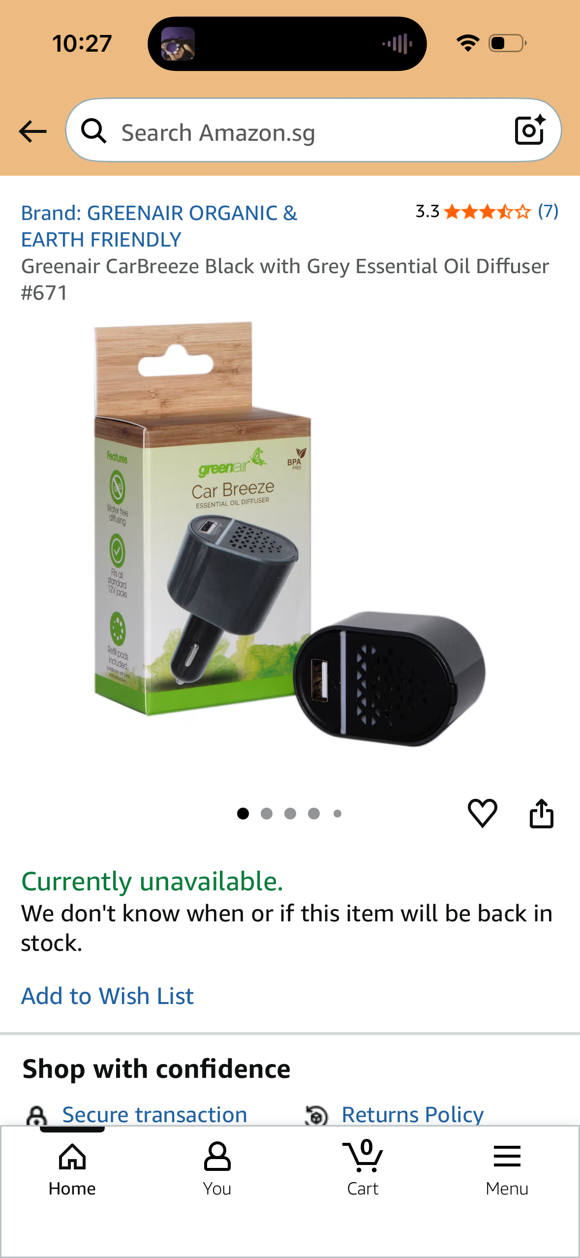Greenair CarBreeze Black with Grey Essential Oil Diffuser