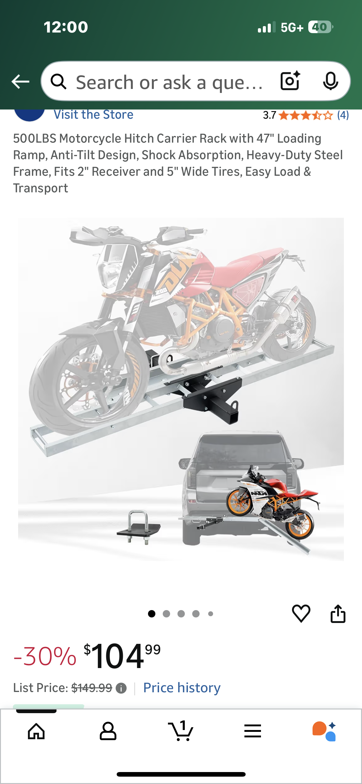 500LBS Motorcycle Hitch Carrier Rack with 47" Loading Ramp, Anti-Tilt Design, Shock Absorption, Heavy-Duty Steel Frame, Fits 2" Receiver and 5" Wide Tires, Easy Load & Transport (G946)