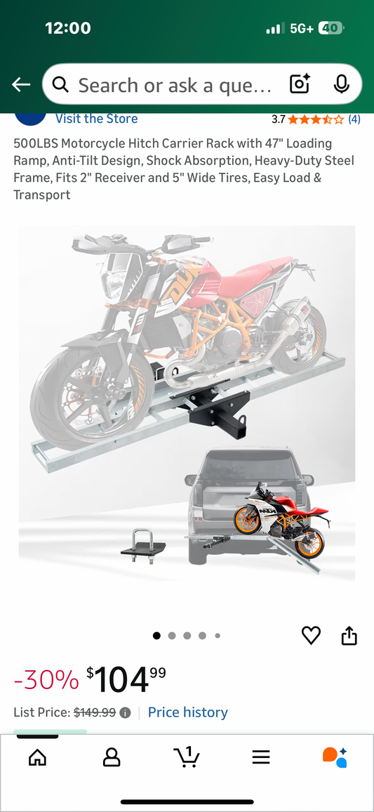 500LBS Motorcycle Hitch Carrier Rack with 47" Loading Ramp, Anti-Tilt Design, Shock Absorption, Heavy-Duty Steel Frame, Fits 2" Receiver and 5" Wide Tires, Easy Load & Transport (G946)