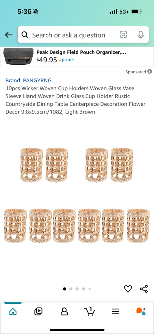 10pcs Wicker Woven Cup Holders Woven Glass Vase Sleeve Hand Woven Drink Glass Cup Holder Rustic Countryside Dining Table Centerpiece Decoration Flower Decor 9.8x9.5cm/1082, Light Brown