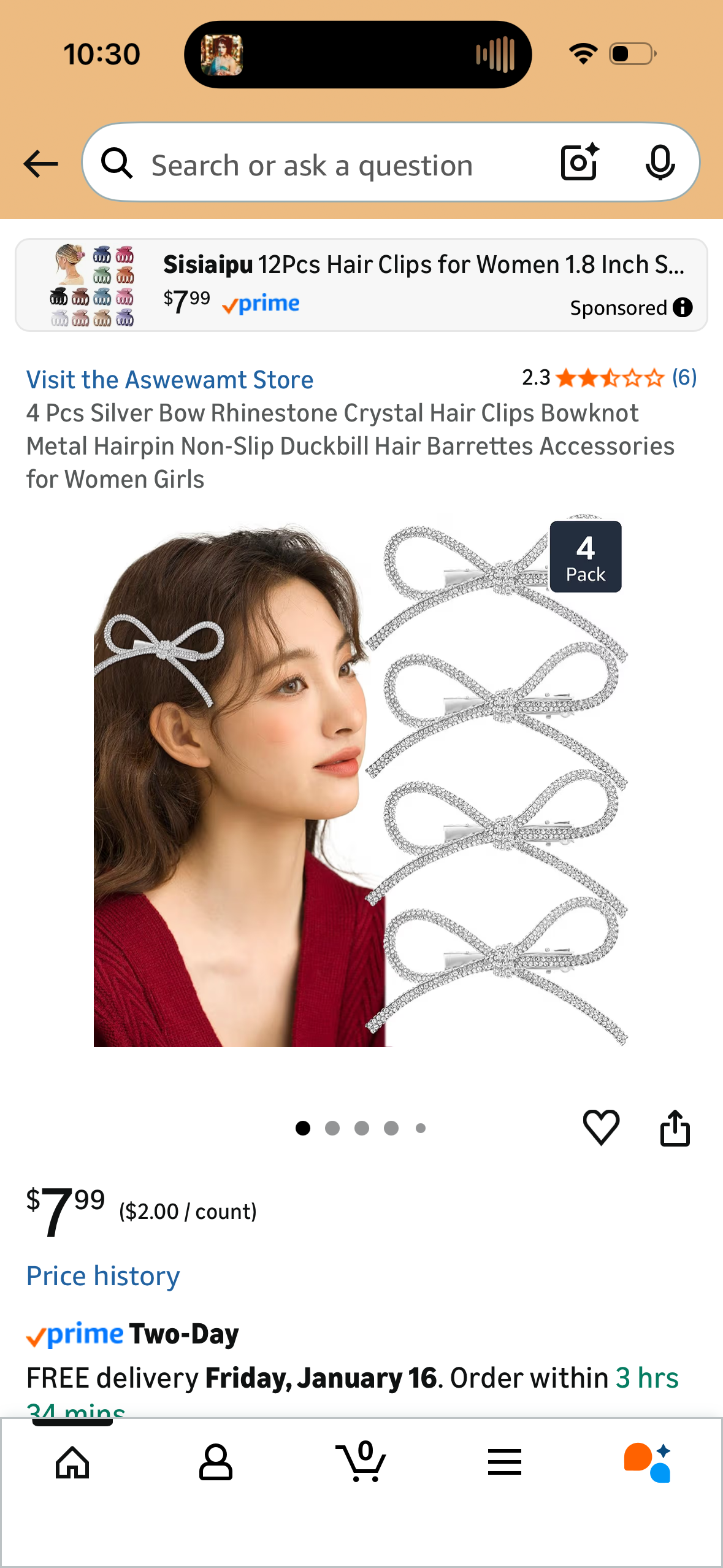 4 Pcs Silver Bow Rhinestone Crystal Hair Clips Bowknot Metal Hairpin Non-Slip Duckbill Hair Barrettes Accessories for Women Girls