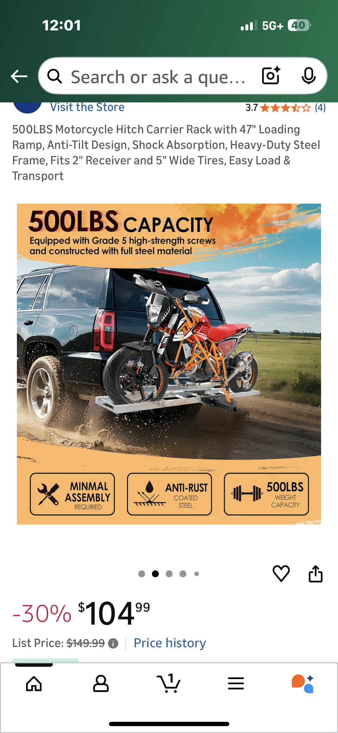 500LBS Motorcycle Hitch Carrier Rack with 47" Loading Ramp, Anti-Tilt Design, Shock Absorption, Heavy-Duty Steel Frame, Fits 2" Receiver and 5" Wide Tires, Easy Load & Transport (G946)
