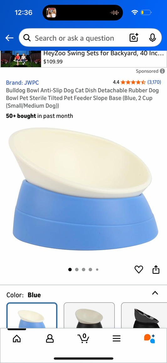 Pet Bowl Anti-Slip Dog Cat Dish Detachable Rubber Dog Bowl Pet Sterile Tilted Pet Feeder Slope Base (Blue, 2 Cup (Small/Medium Dog))