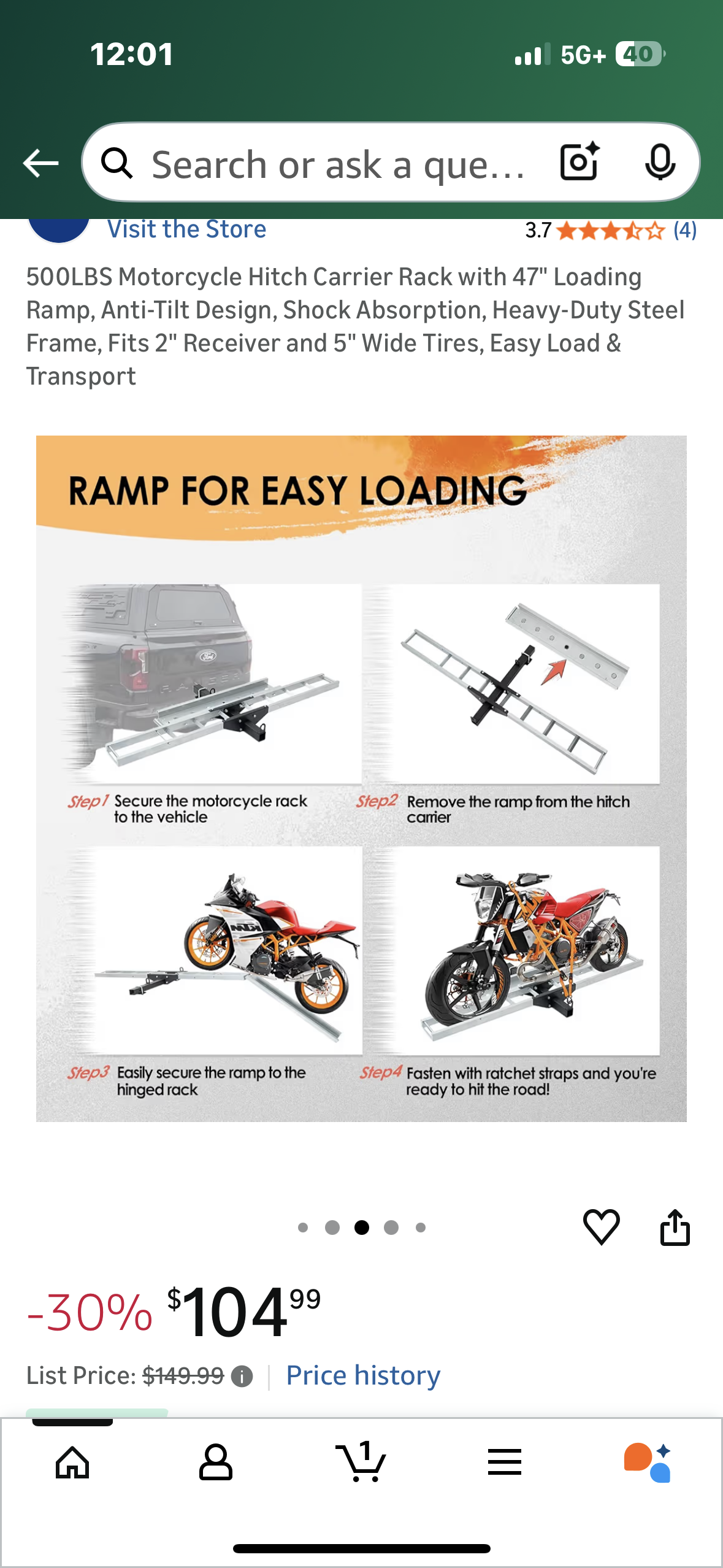 500LBS Motorcycle Hitch Carrier Rack with 47" Loading Ramp, Anti-Tilt Design, Shock Absorption, Heavy-Duty Steel Frame, Fits 2" Receiver and 5" Wide Tires, Easy Load & Transport (G946)