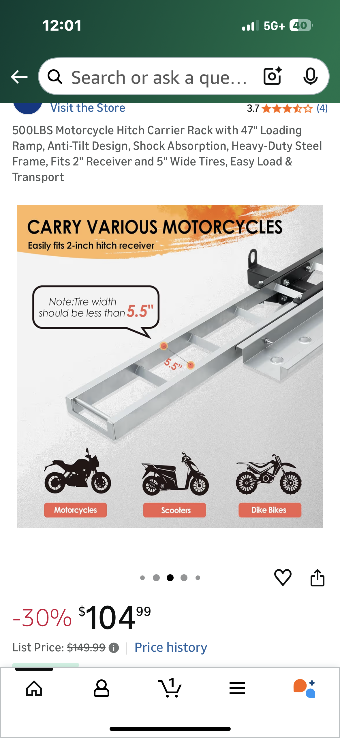 500LBS Motorcycle Hitch Carrier Rack with 47" Loading Ramp, Anti-Tilt Design, Shock Absorption, Heavy-Duty Steel Frame, Fits 2" Receiver and 5" Wide Tires, Easy Load & Transport (G946)