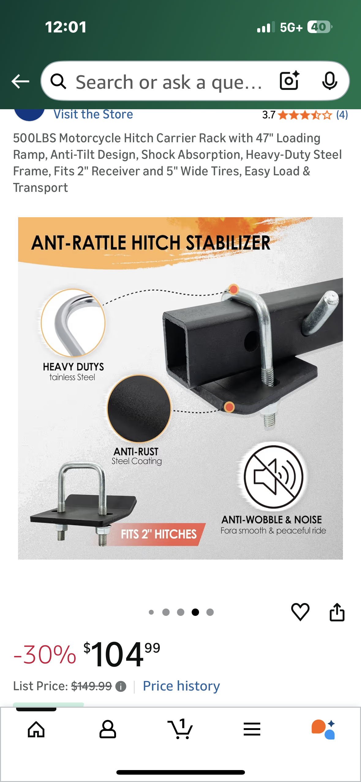 500LBS Motorcycle Hitch Carrier Rack with 47" Loading Ramp, Anti-Tilt Design, Shock Absorption, Heavy-Duty Steel Frame, Fits 2" Receiver and 5" Wide Tires, Easy Load & Transport (G946)