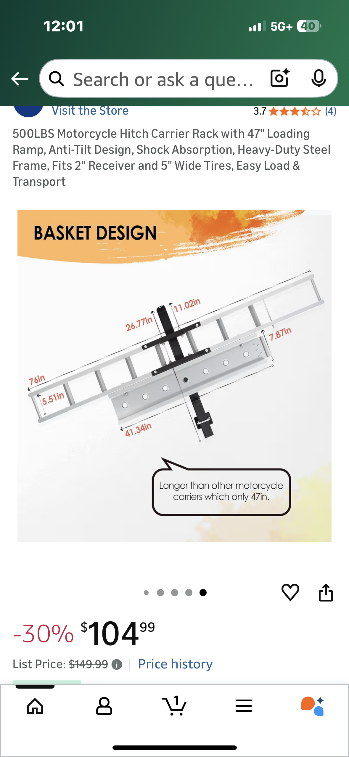 500LBS Motorcycle Hitch Carrier Rack with 47" Loading Ramp, Anti-Tilt Design, Shock Absorption, Heavy-Duty Steel Frame, Fits 2" Receiver and 5" Wide Tires, Easy Load & Transport (G946)